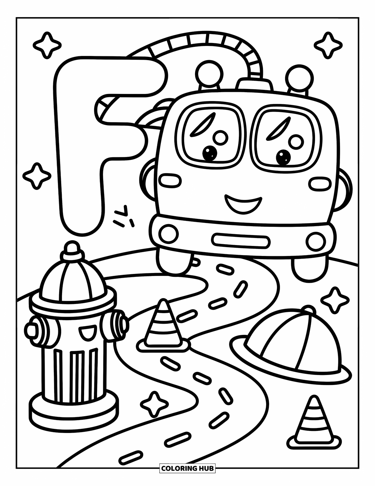 Letter F Coloring Page for Adults: "F" stands by a playful firetruck with a hose and little road details