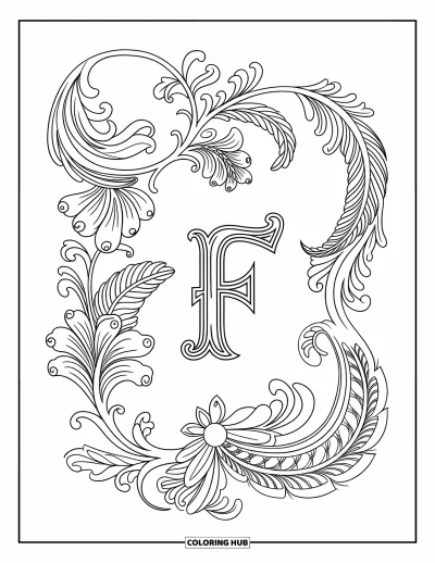 Omalovánka písmene F pro dospělé: Ozdobné rozviliny a ornamenty v paisley stylu ovíjejí elegantní písmeno "F"