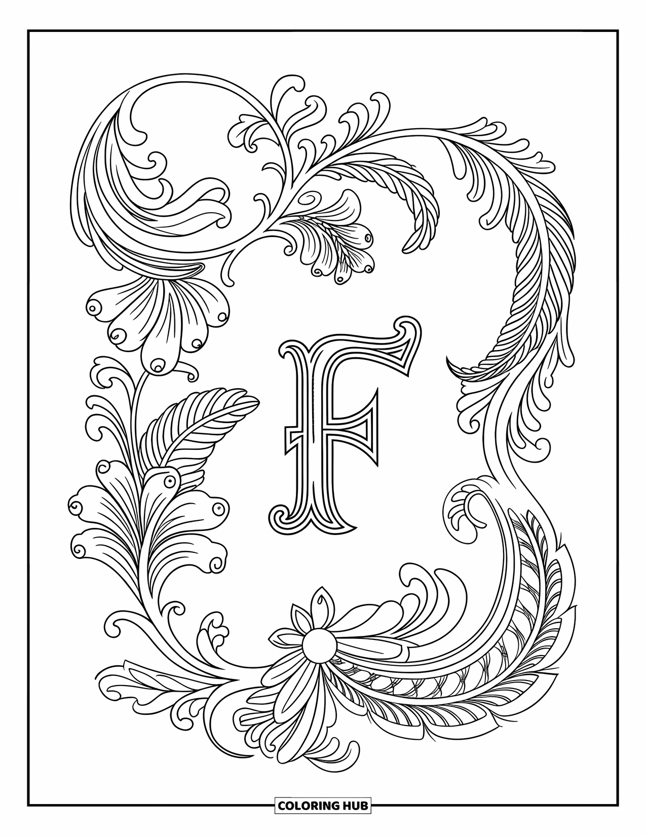 Letter F Coloring Page for Adults: Flourishes and paisley-style vines wrap around the elegant letter "F"