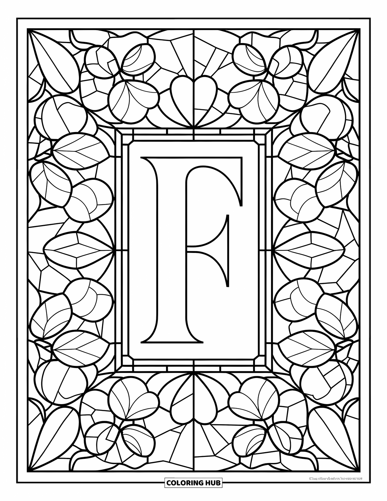 Letter F Coloring Page for Adults: Stained glass petals and leaves surround a centered letter "F"