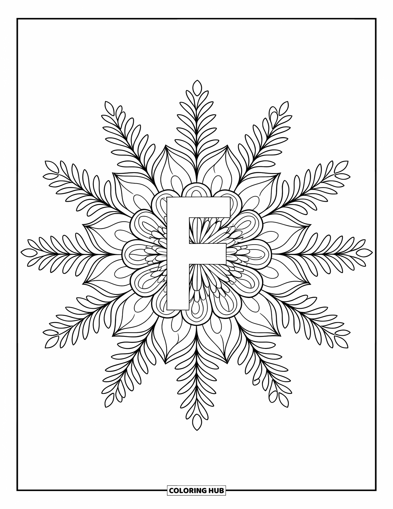 Letter F Coloring Page for Adults: The letter "F" blooms from a floral explosion with fern fronds and soft petals