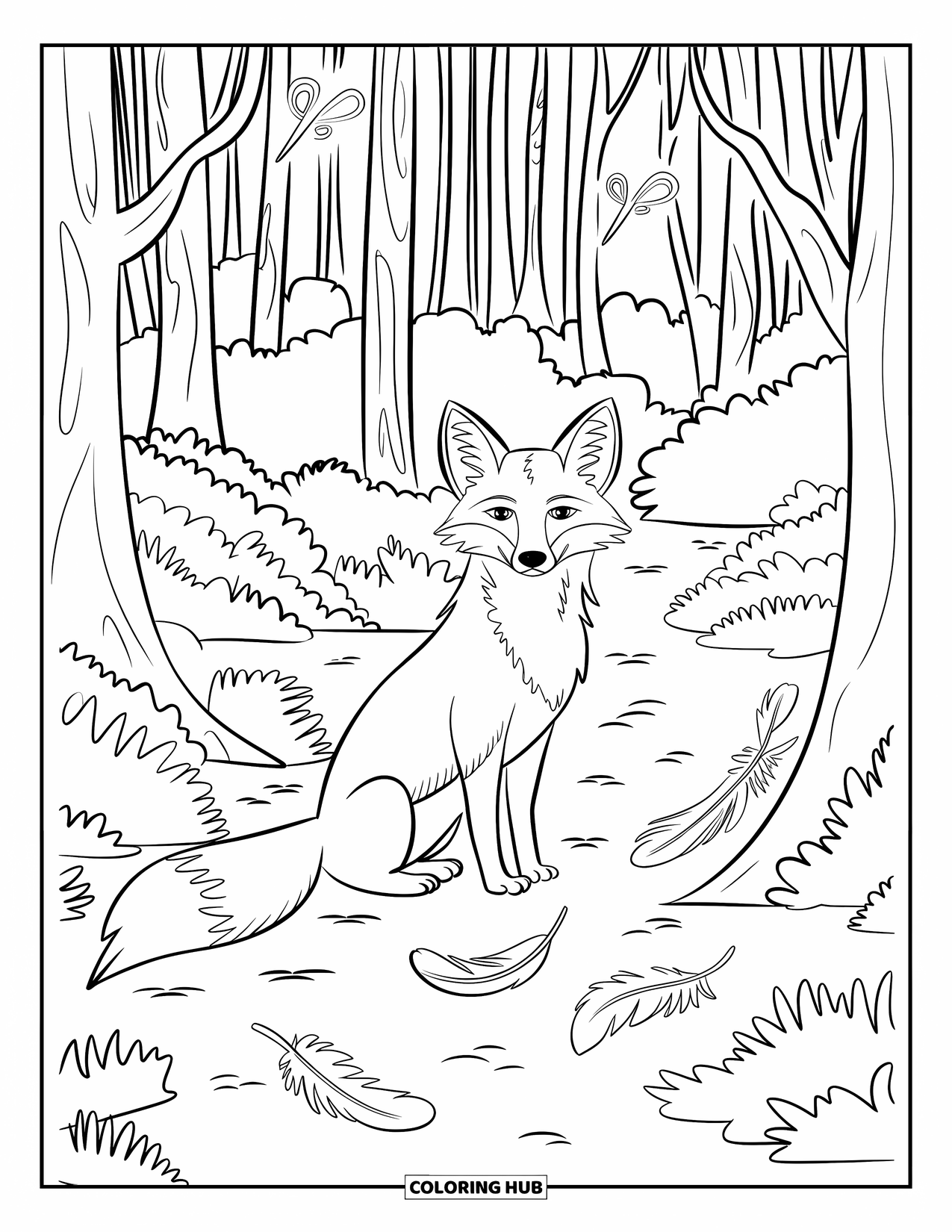 Letter F Coloring Page for Kids: A calm fox and glowing fireflies fill a quiet forest trail