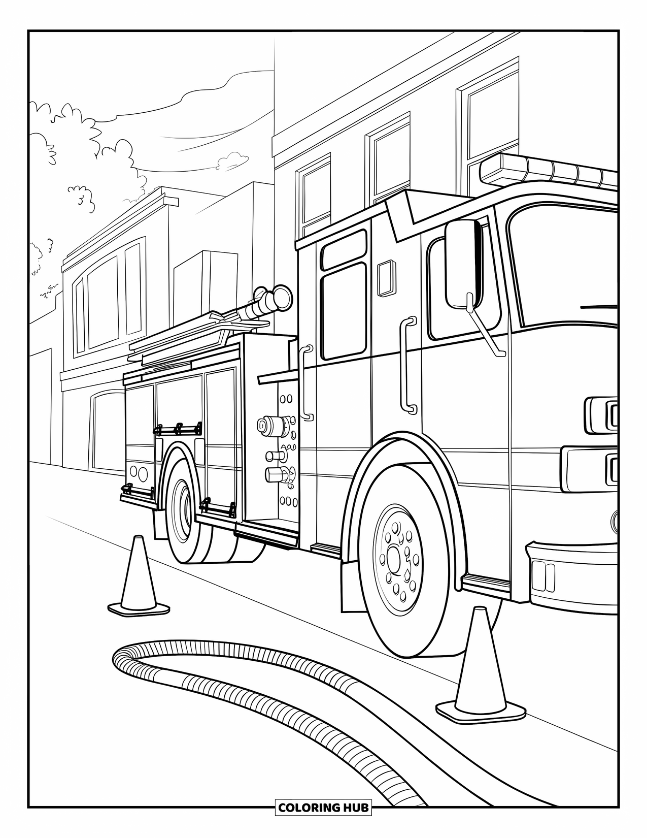 Letter F Coloring Page for Kids: A firetruck rests near buildings with a hose and cones beside it