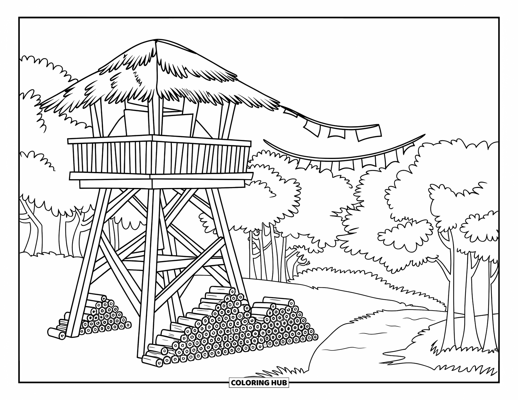 Letter F Coloring Page for Kids: A firewatch tower with flags and firewood overlooks a peaceful forest