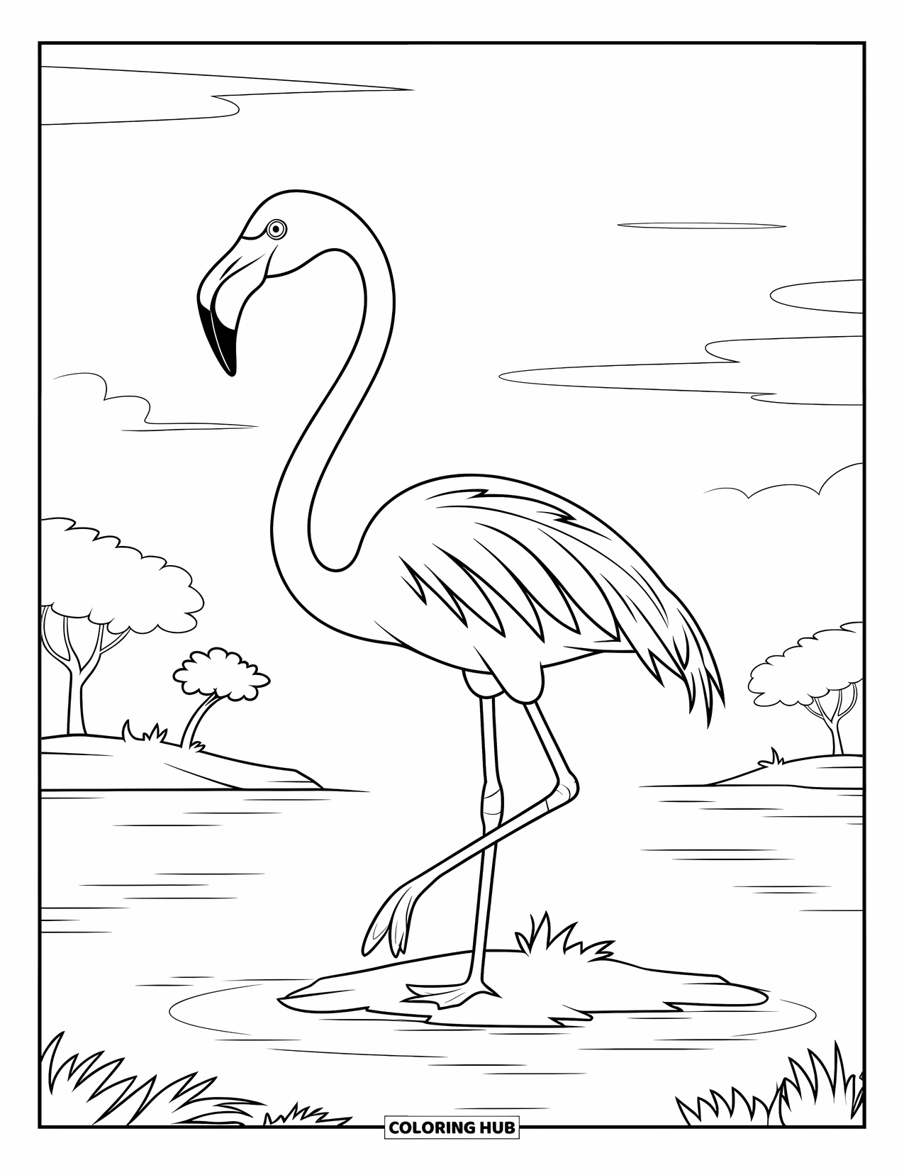 Letter F Coloring Page for Kids: A flamingo stands beside F on a sunny island