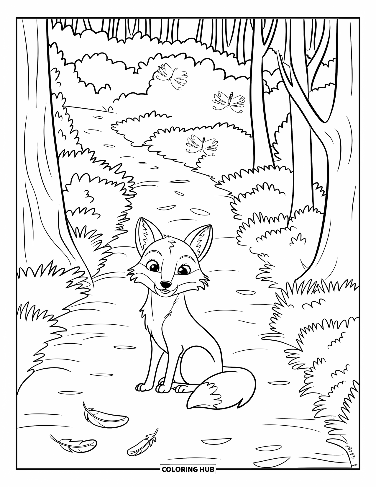 Letter F Coloring Page for Kids: A forest trail shows a fox, fallen feathers, and flickering fireflies in the trees