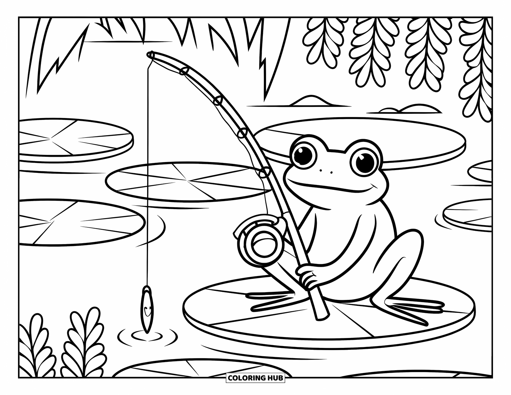 Letter F Coloring Page for Kids: A frog with a fishing rod relaxes on a lily pad by the river