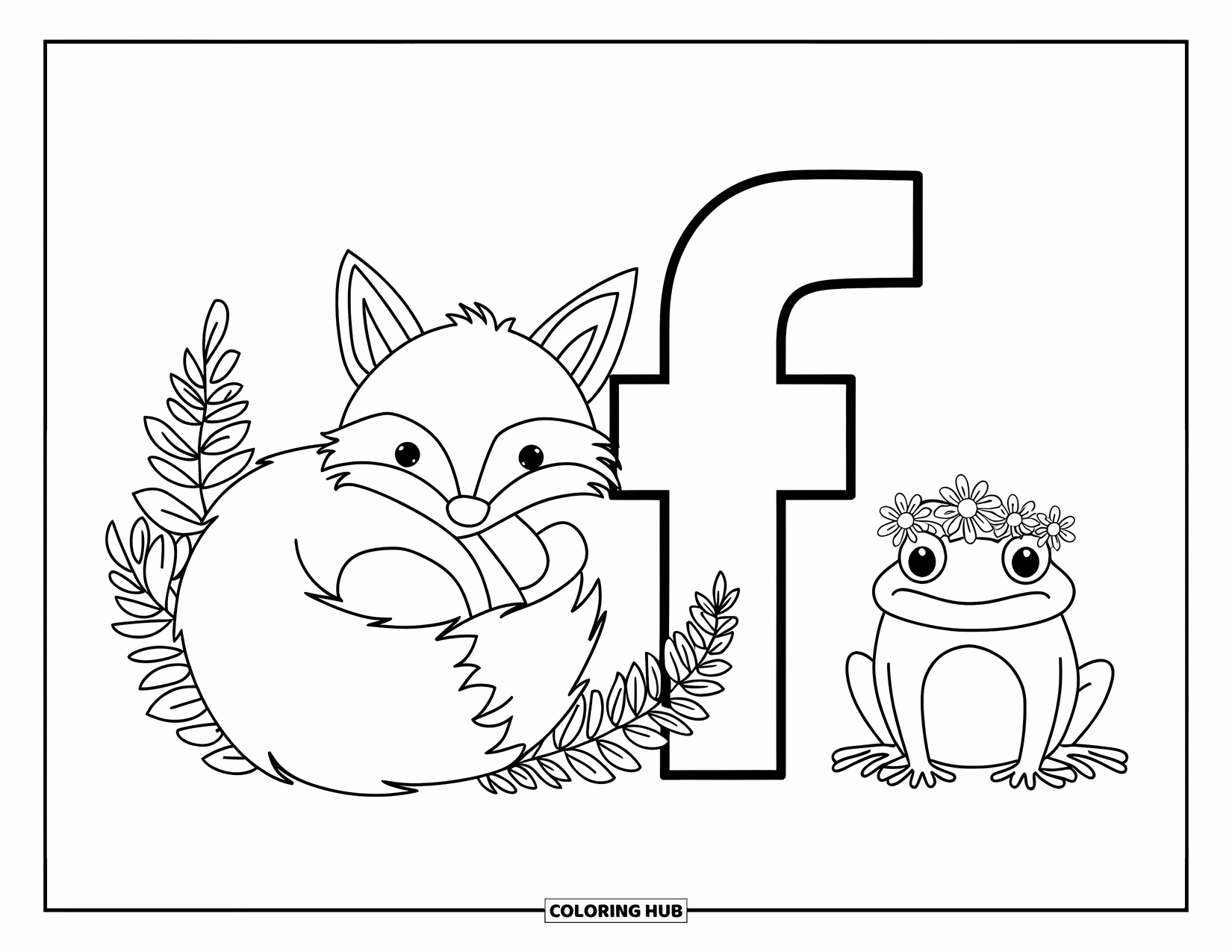 Letter F Coloring Page for Kids: F and f are joined by foxes and a frog with flower crowns