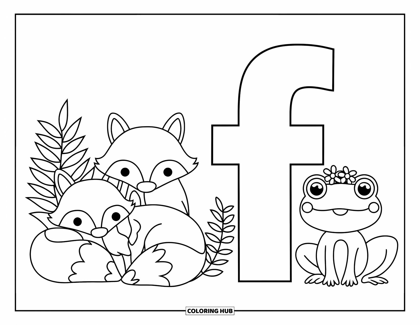 Letter F Coloring Page for Kids: F and f sit near a fox curled by a fern and a crowned frog