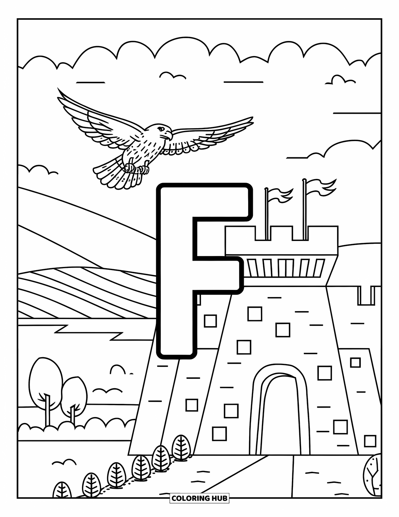 Letter F Coloring Page for Kids: F rests before a flag-topped fortress with a falcon flying high