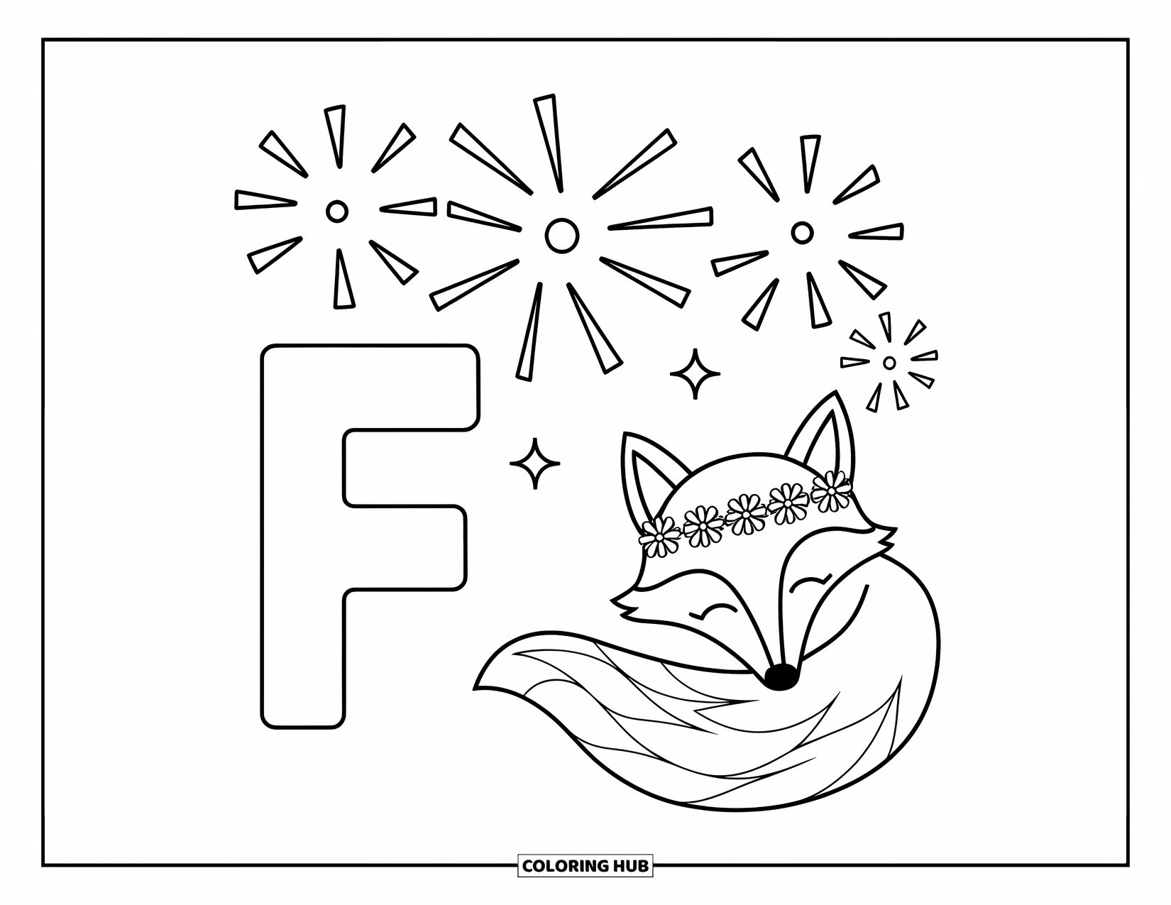 Letter F Coloring Page for Kids: F sits below fireworks while a fox naps with a flower crown