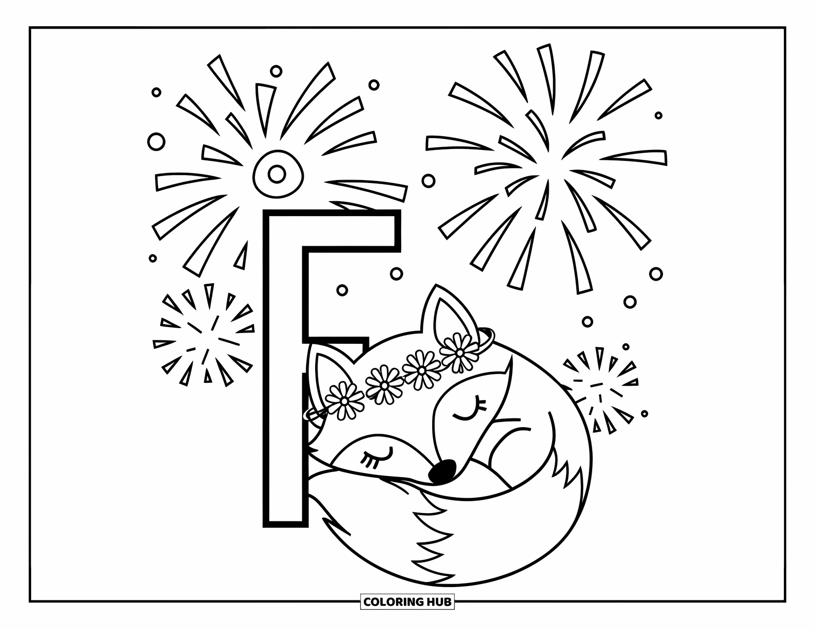 Letter F Coloring Page for Kids: F with fireworks and a peaceful fox wearing a flower crown