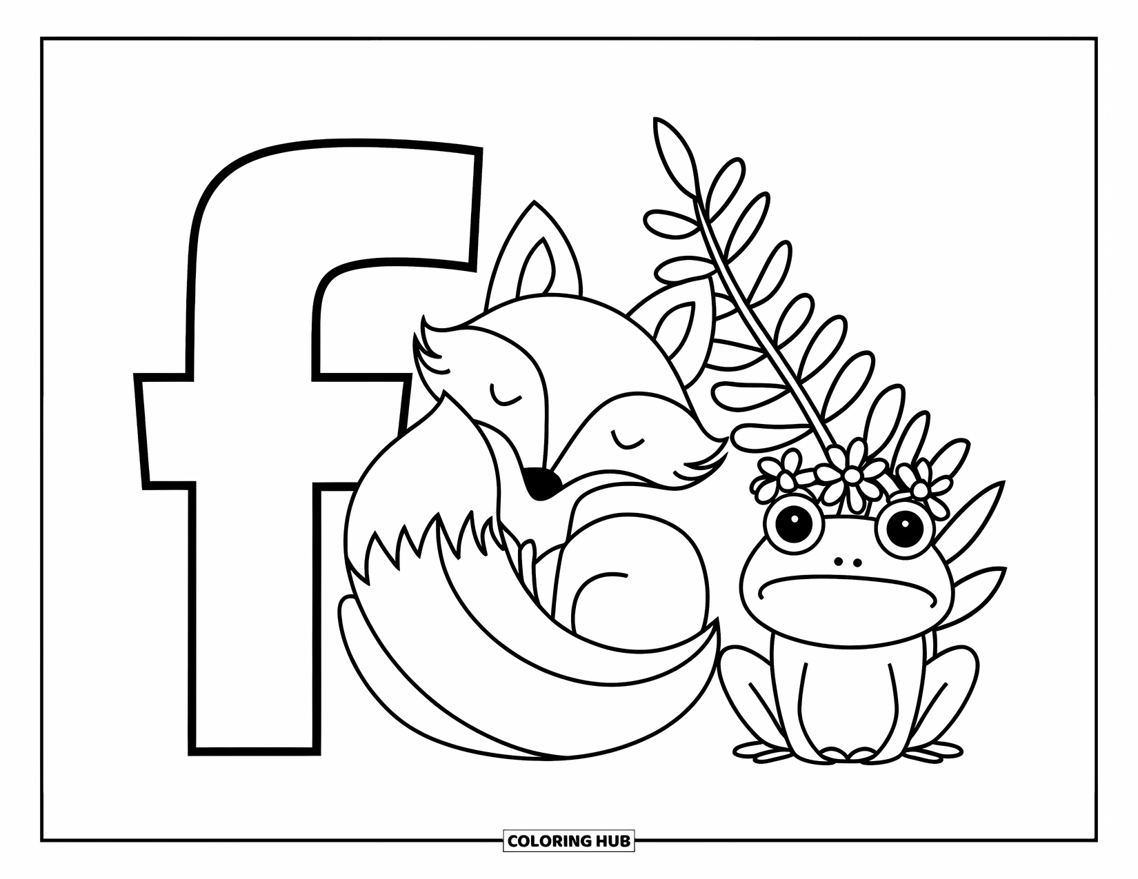 Letter F Coloring Page for Kids: Fluffy foxes and a frog in a flower crown rest beside F and f