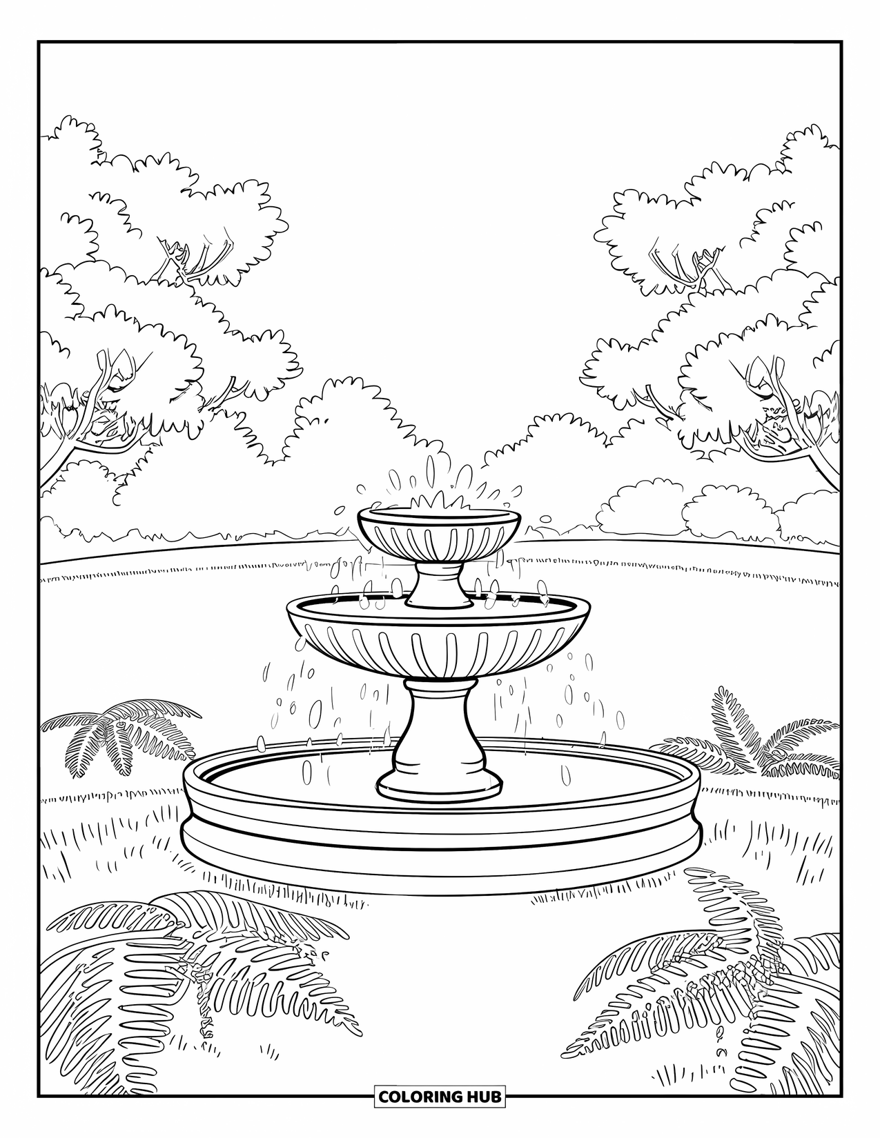 Letter F Coloring Page for Kids: Stone fountain flows near fig trees, ferns, and grassy hills