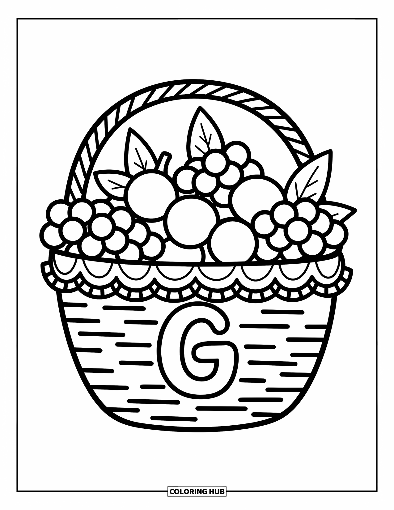 Letter G Coloring Page for Adults: A basket full of grapes with a letter G trim sits surrounded by tiny blooms