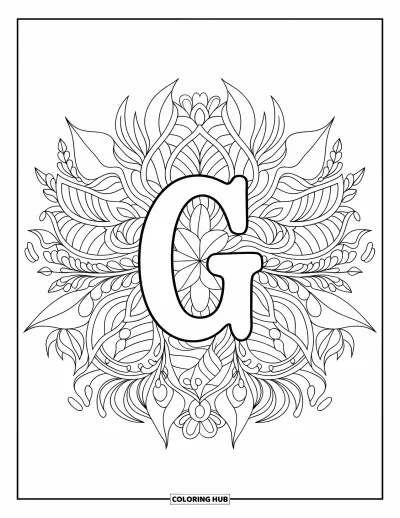 Coloriage de la lettre G pour adultes : Un grand G trône au centre d'une mandala botanique remplie de fleurs