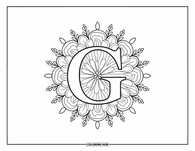 Coloriage de la lettre G pour adultes : Un G en gras trône dans une mandala composée de pétales de géranium et de feuilles de fougère