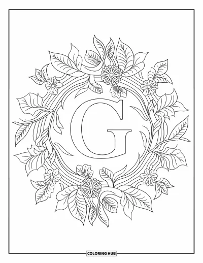 Coloriage de la lettre G pour adultes : Une mandala botanique de fleurs et de lianes entoure un grand G majuscule