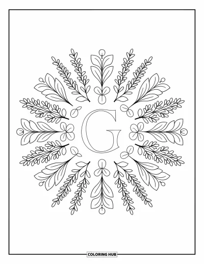 Coloriage de la lettre G pour adultes : Un G calligraphique se trouve au centre d'une mandala composée d'herbes aromatiques