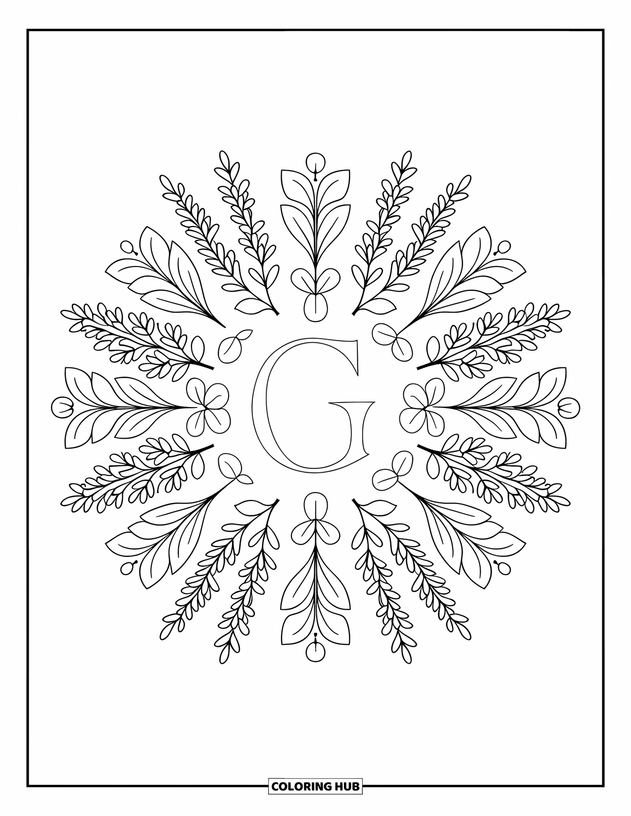 Letter G Coloring Page for Adults: A calligraphic G sits at the center of a mandala made of garden herbs