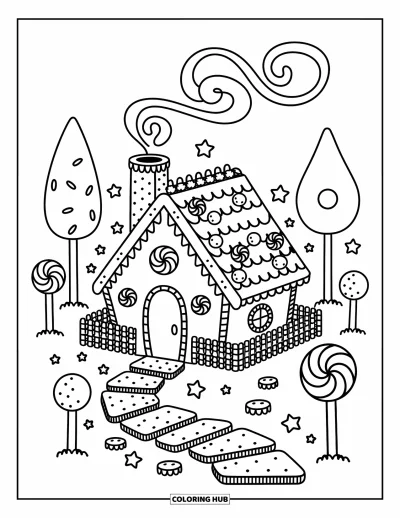 Coloriage de la lettre G pour adultes : Une forêt de bonbons entoure une maison en pain d'épices en forme de lettre G