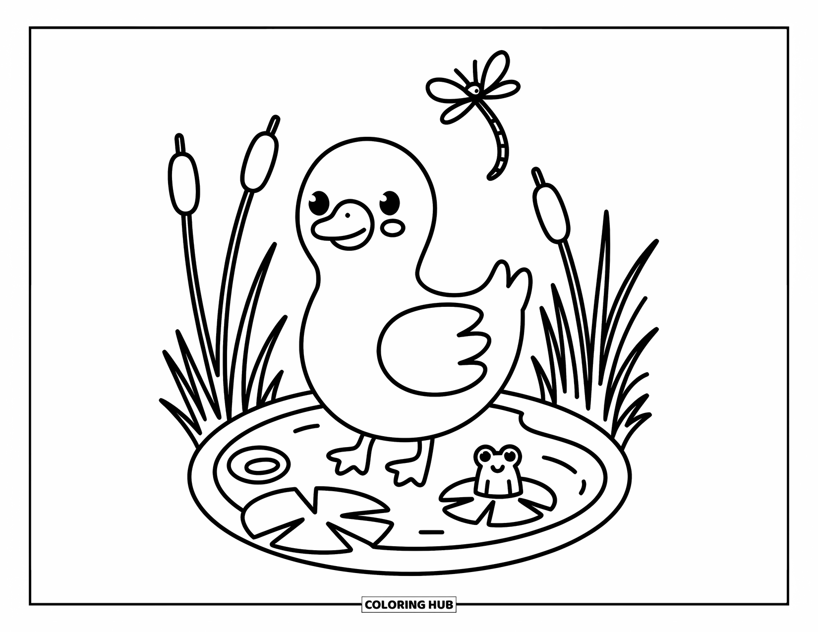 Letter G Coloring Page for Adults: A cute goose waddles near a pond shaped like the letter G