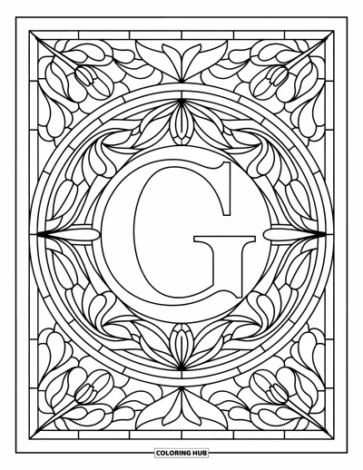 Coloriage de la lettre G pour adultes : Un G élégant se trouve à l'intérieur d'un cercle de vitrail composé de tulipes, de lys et de lierre