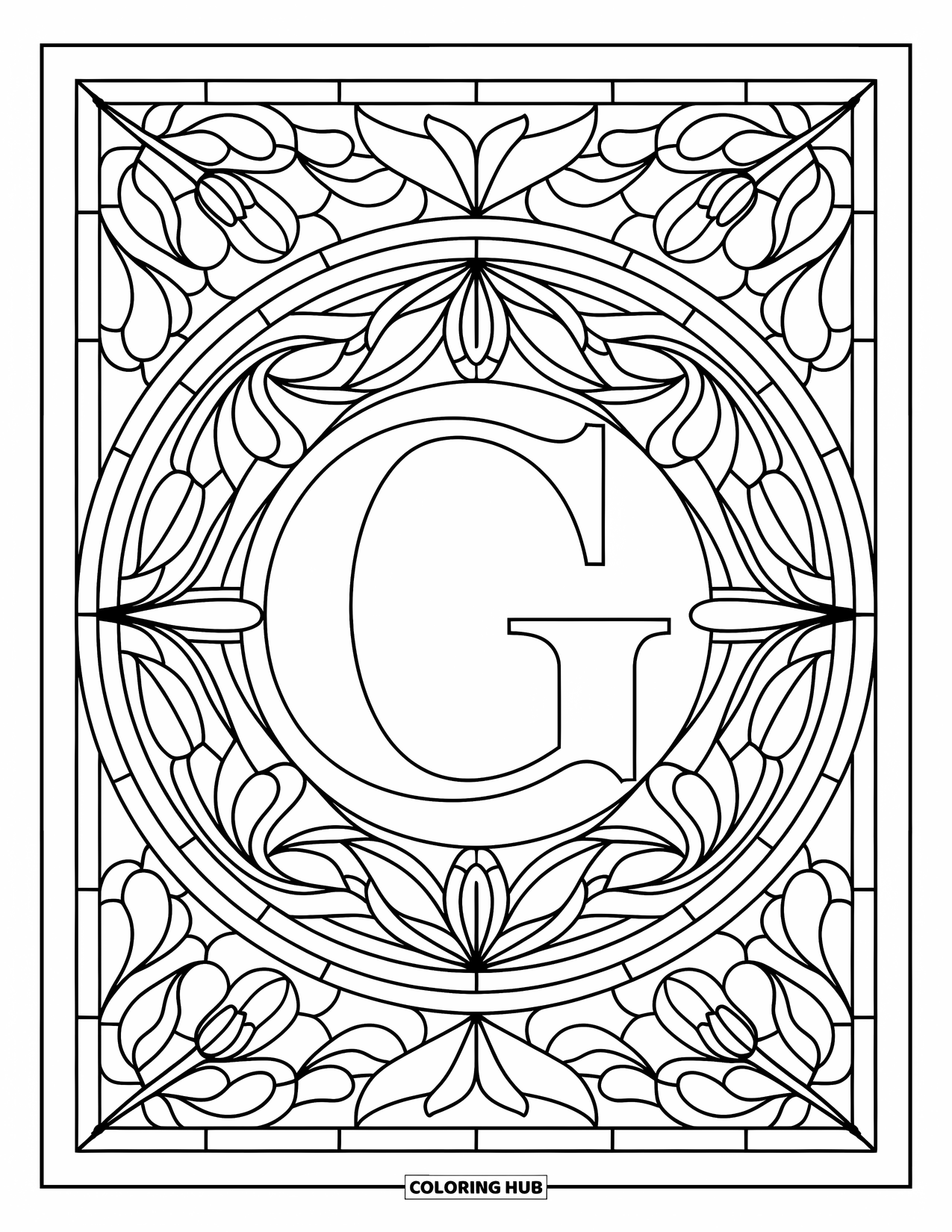 Letter G Coloring Page for Adults: A fancy G sits inside a stained glass circle of tulips, lilies, and ivy