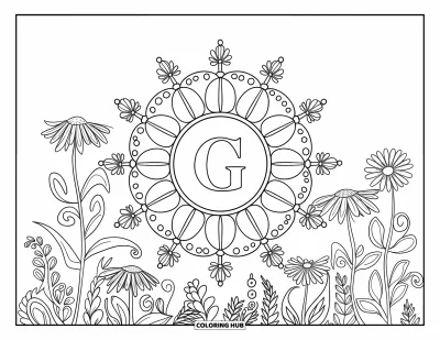 Coloriage de la lettre G pour adultes : Une mandala florale de marguerites et de fleurs sauvages s'enroule autour d'un G majuscule en gras
