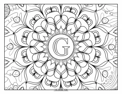 Coloriage de la lettre G pour adultes : Une mandala florale avec des fougères et des motifs s'articule autour d'un G majuscule