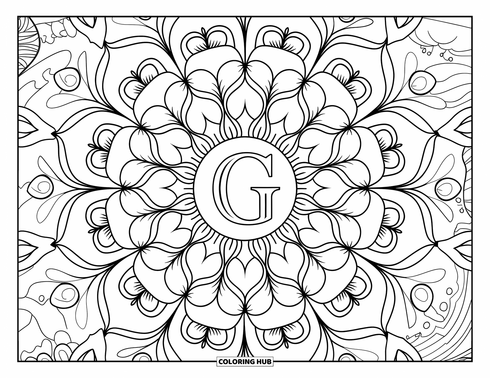 Letter G Coloring Page for Adults: A floral mandala with ferns and patterns centers around an uppercase G