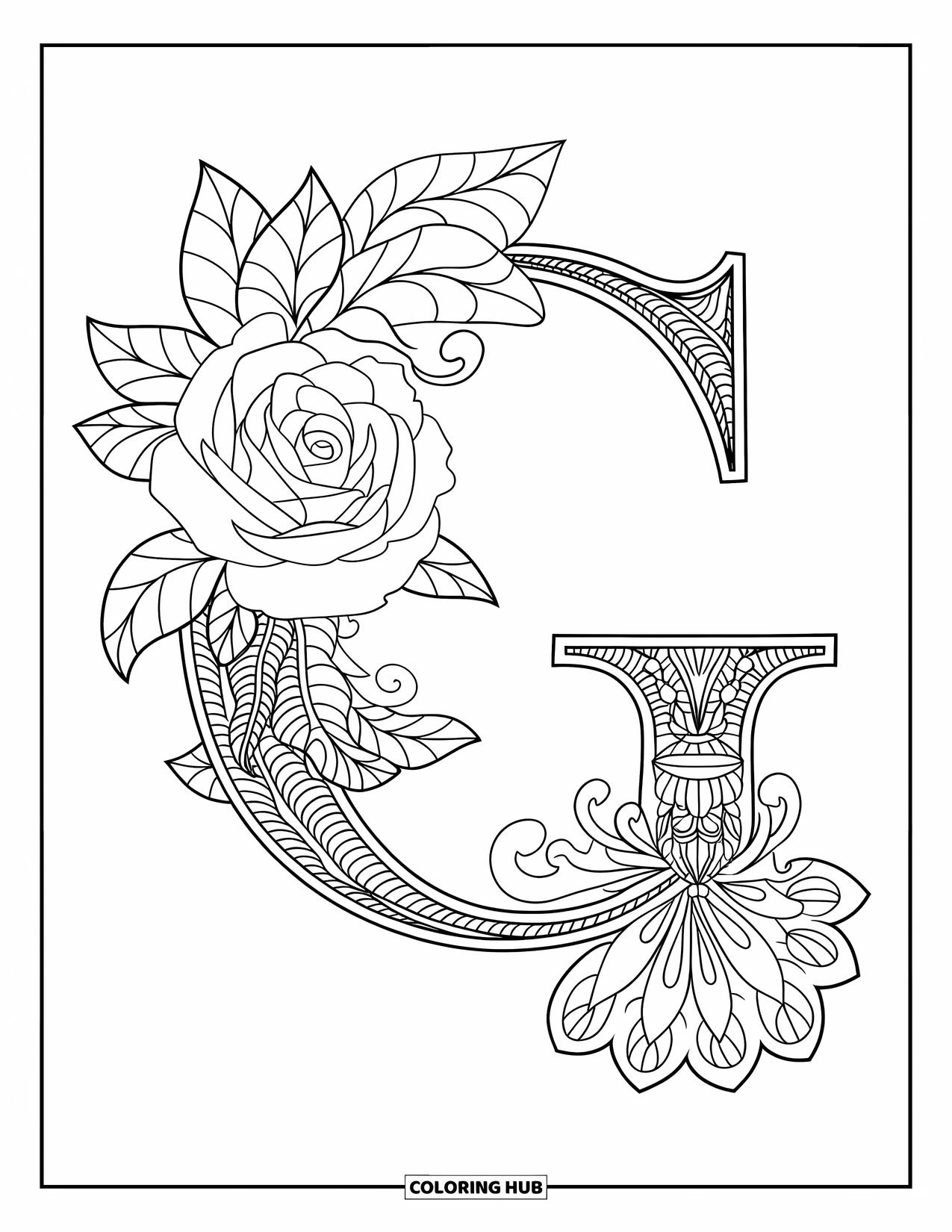Letter G Coloring Page for Adults: A floral ring of peonies and roses with filigree frames a detailed G