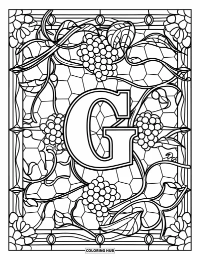 Coloriage de la lettre G pour adultes : Un G se trouve à l'intérieur d'une composition vitrail de raisins, de fleurs et de tiges bouclées