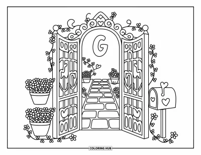 Coloriage de la lettre G pour adultes : Un portail de jardin avec des pots de fleurs et des lianes vous invite à découvrir une grande lettre G