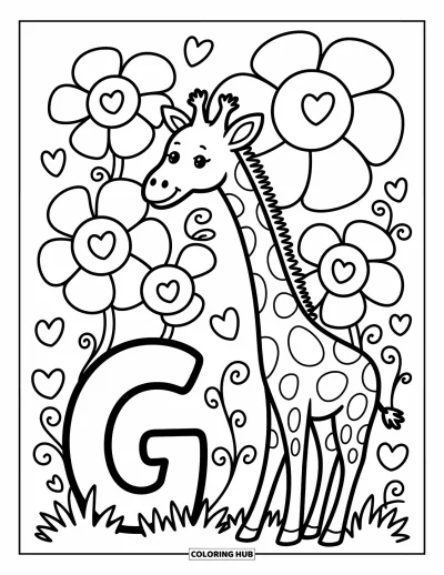 Coloriage de la lettre G pour adultes : Une douce girafe se penche vers des fleurs tandis qu'un grand G repose dans l'herbe