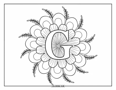 Coloriage de la lettre G pour adultes : Une mandala de géraniums et de fougères entoure un grand G au centre