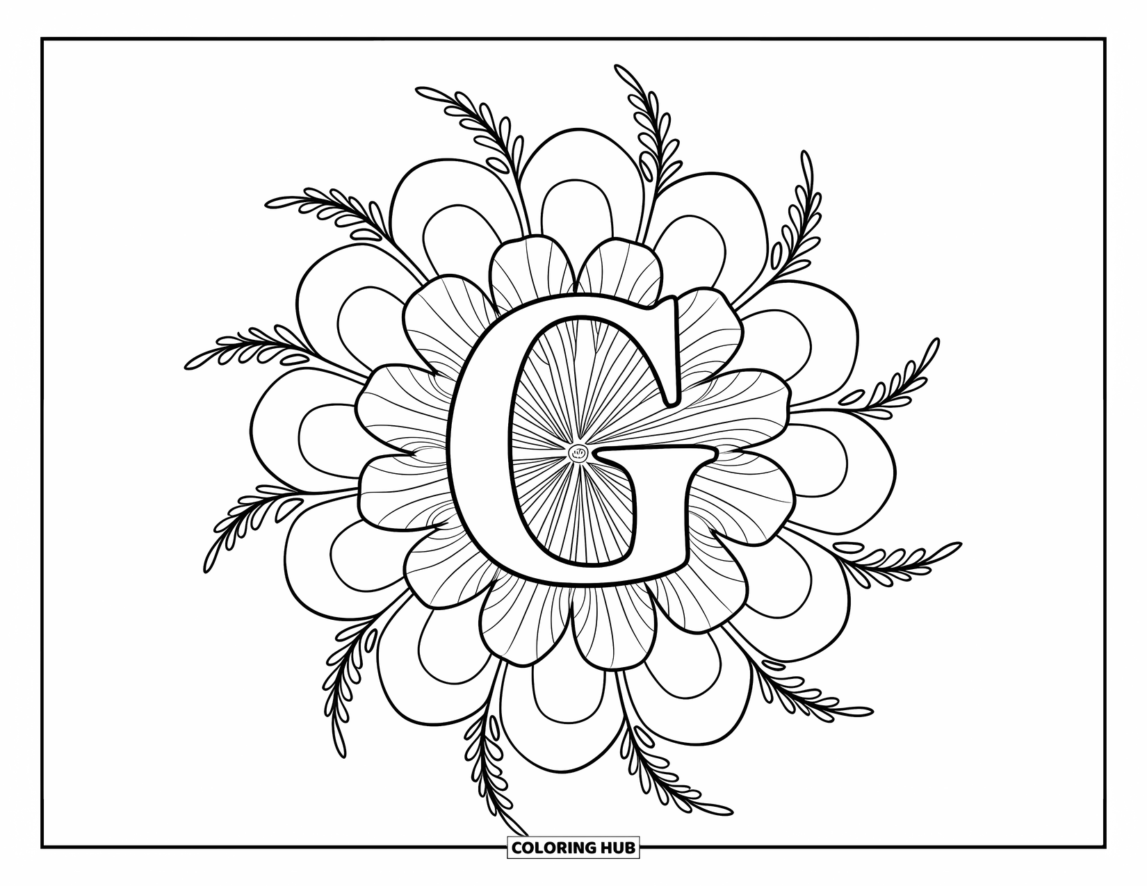 Letter G Coloring Page for Adults: A geranium mandala with ferns surrounds a large G in the center
