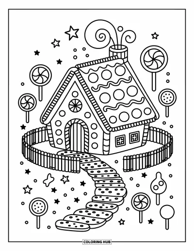 Coloriage de la lettre G pour adultes : Une maison en pain d'épices en forme de G se trouve dans une forêt de bonbons et de sucreries