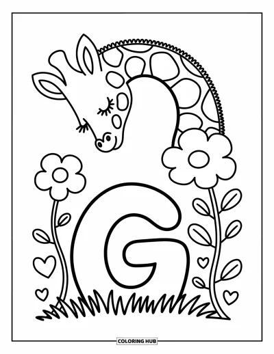 Coloriage de la lettre G pour adultes : Une girafe se penche vers d'immenses fleurs à côté d'un G espiègle dans l'herbe
