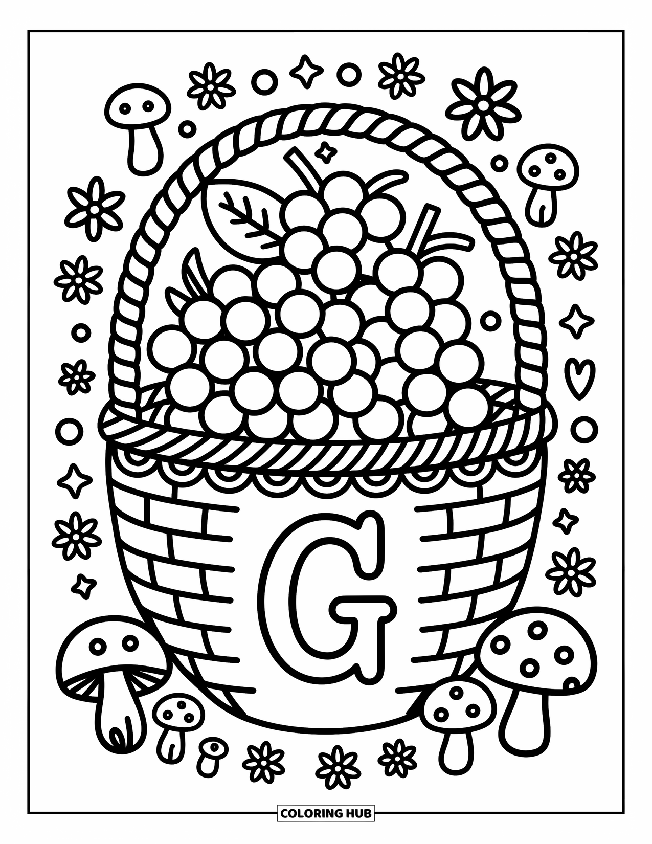 Letter G Coloring Page for Adults: A grape-filled basket with a G trim sits surrounded by cheerful tiny details