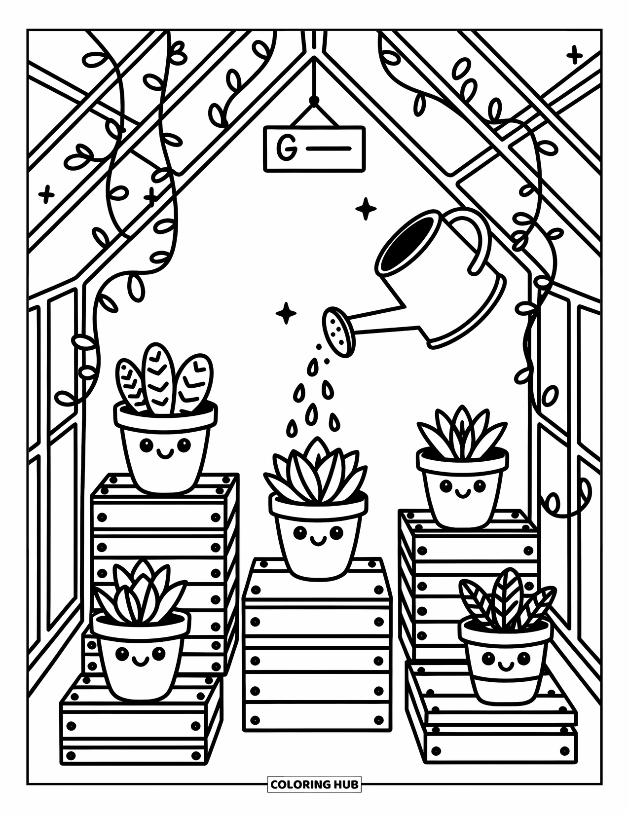 Letter G Coloring Page for Adults: A greenhouse filled with plants and a G sign sparkles with vines and magic