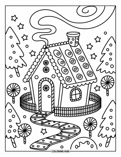 Coloriage de la lettre G pour adultes : Une maison en forme de G avec un toit en bonbons gélifiés se trouve dans un monde enchanté de sucreries