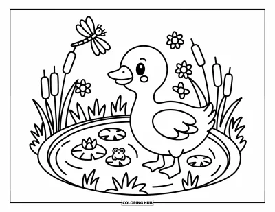 Coloriage de la lettre G pour adultes : Une oie heureuse se promène près d'un étang rempli de nénuphars en forme de G