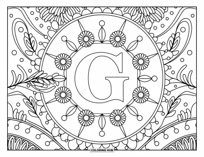 Coloriage de la lettre G pour adultes : Un grand G est entouré de marguerites, de fleurs sauvages et de lignes de mandala en spirale