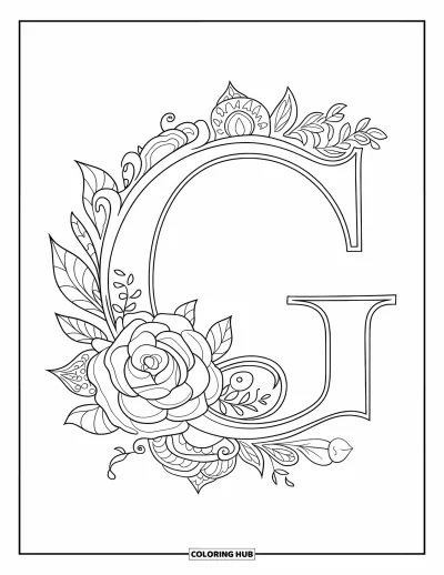 Coloriage de la lettre G pour adultes : Un anneau de roses et de pivoines avec des filigrane entoure un G majuscule détaillé