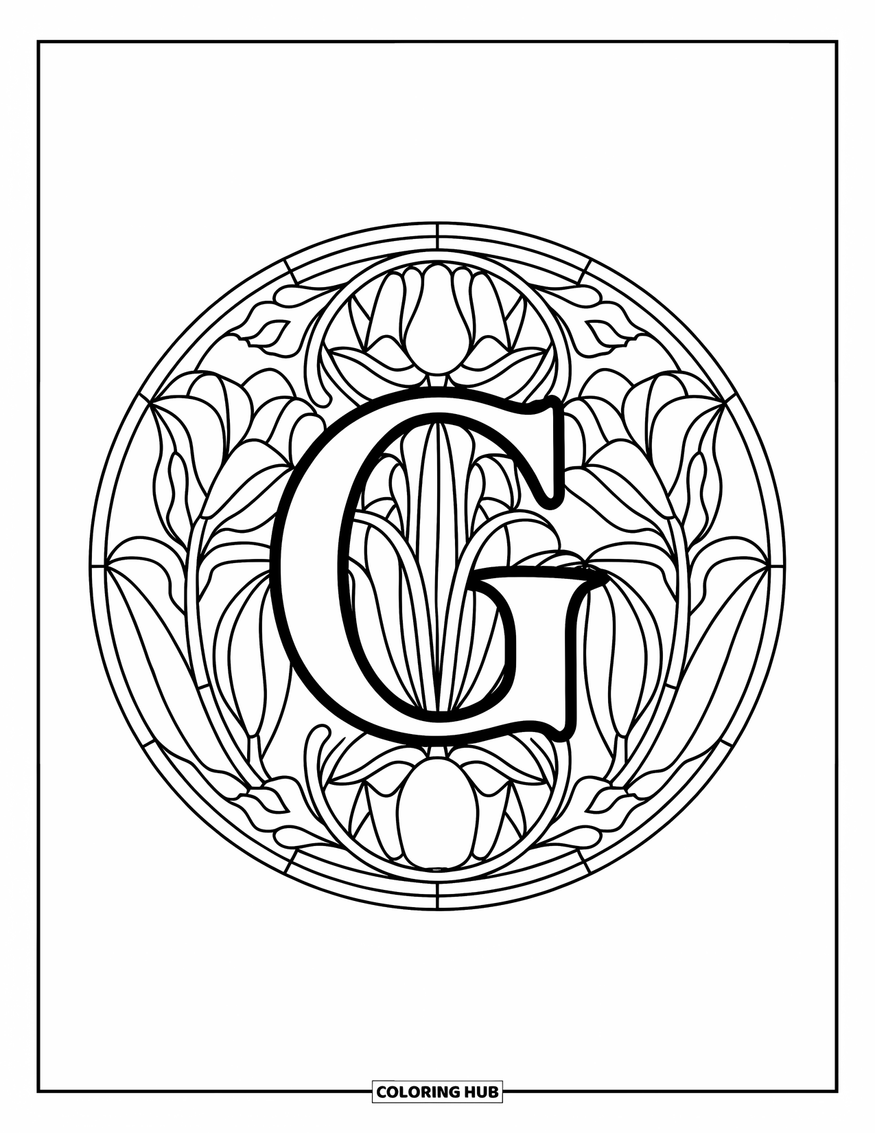Letter G Coloring Page for Adults: A stained glass-style circle of tulips and ivy frames a fancy uppercase G