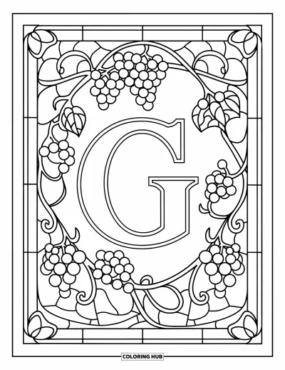 Coloriage de la lettre G pour adultes : Une composition style vitrail avec des vignes de raisins et des gemmes s'articule autour d'un G en gras