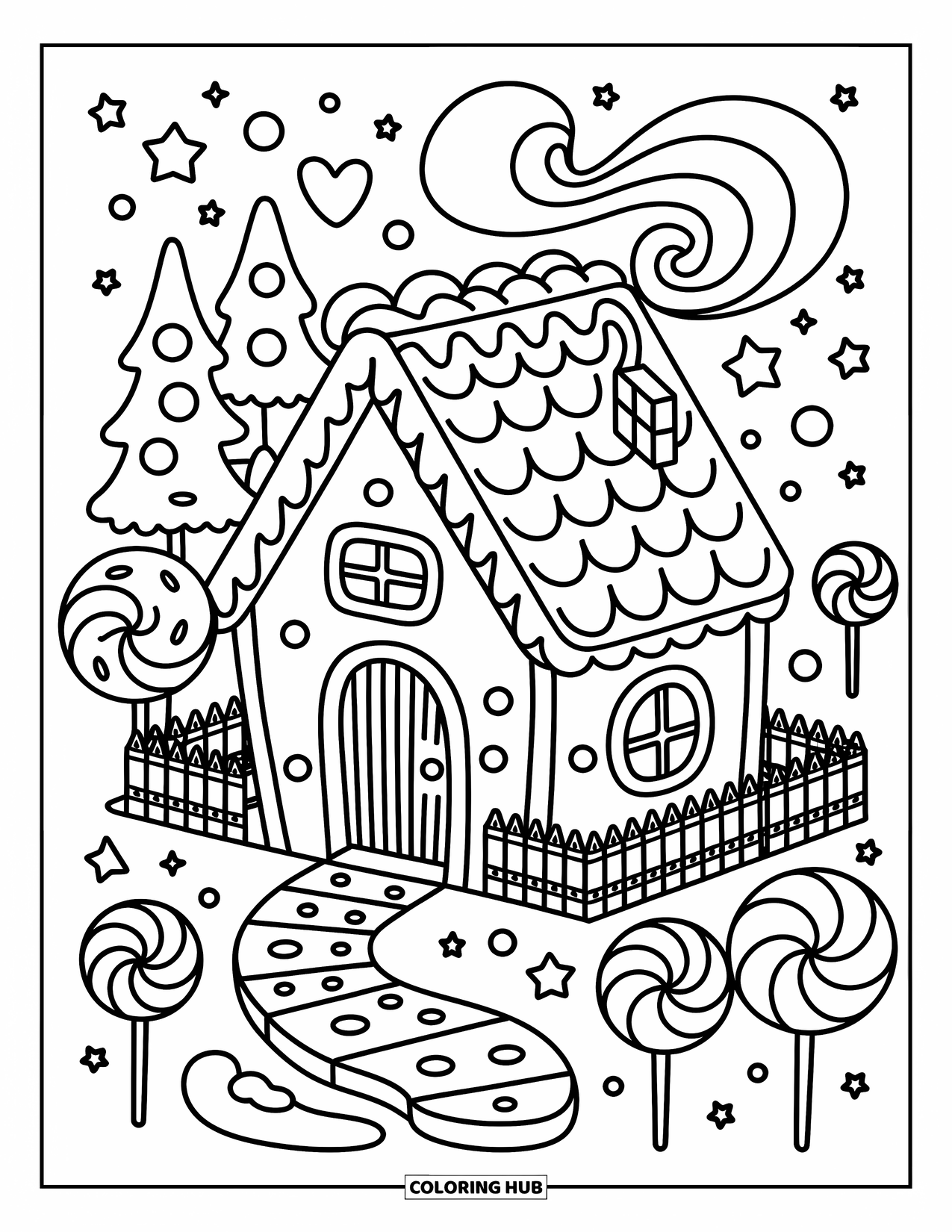 Letter G Coloring Page for Adults: A sweet G-shaped gingerbread house sits near lollipops, donut trees, and swirling smoke