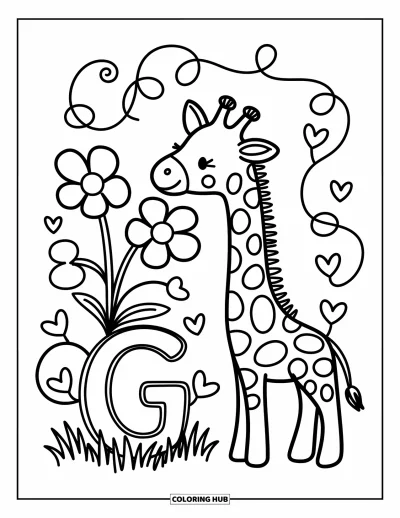 Coloriage de la lettre G pour adultes : Une douce girafe s'étire vers des fleurs dans un jardin avec un G en dessous