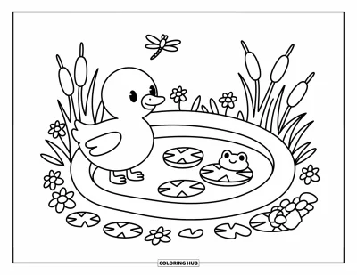 Coloriage de la lettre G pour adultes : Une douce oie se dandine près de nénuphars et d'une libellule au-dessus d'un étang en forme de G